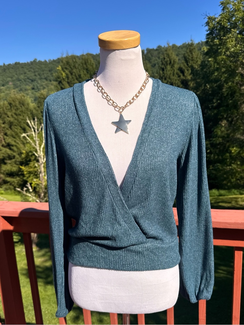 Amadi Anthropologie Teal Ribbed Wrap V-Neck Long Sleeve Top NWT